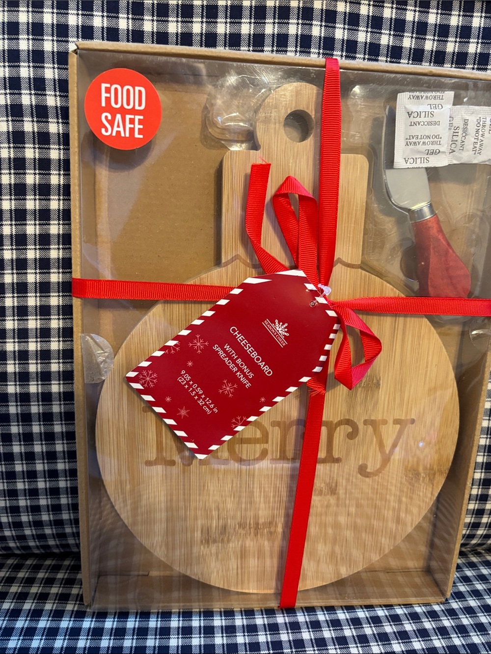 Bamboo Cheese Board Set with Red Ribbon and Spreader